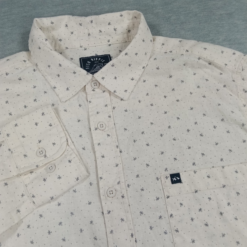 Fish Hippie Co Rumfront Mens Medium Cream Navy Dragonfly Print Button Down Shirt